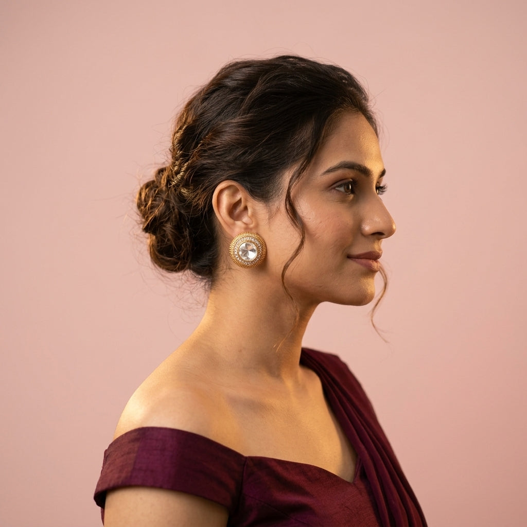 White Faceted Ridged Circle Earrings - Model