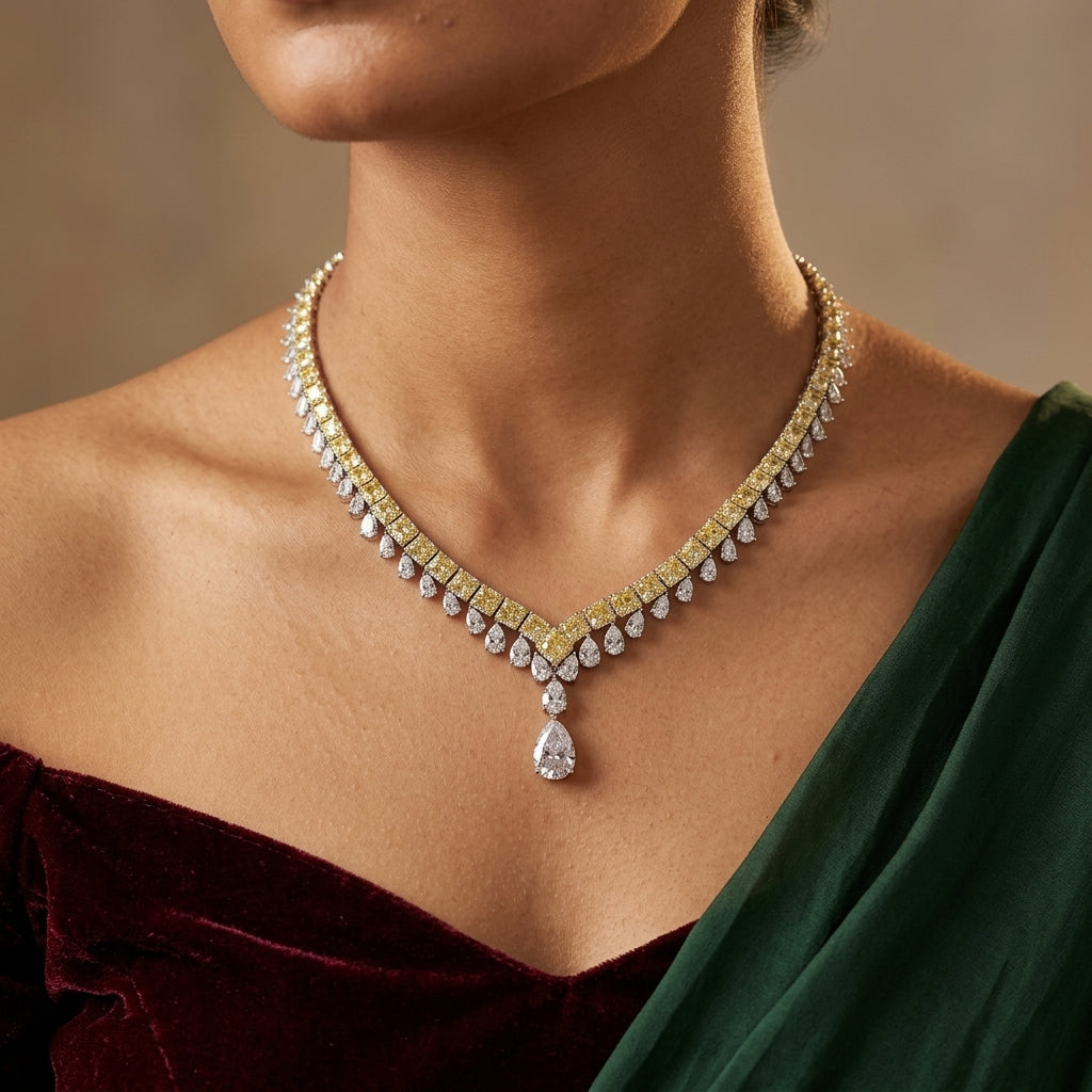 Yellow Linear V-drop Necklace Set - Model