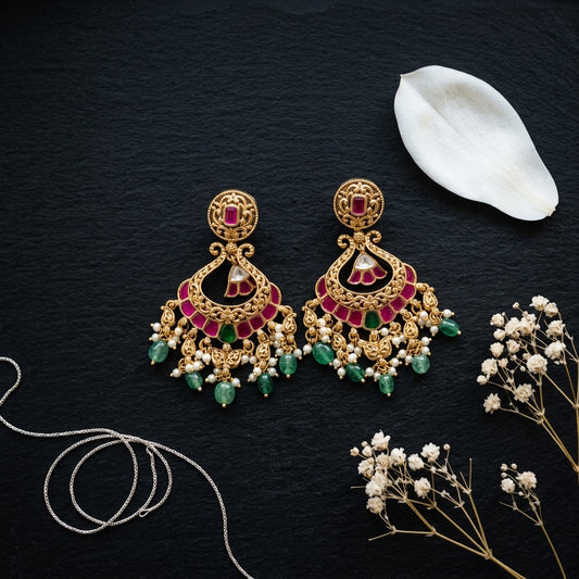Ruby Green Ornate Drop Earrings - Tabletop