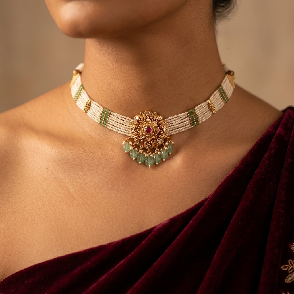 Ruby Green Floral Kundan Necklace Set - Model