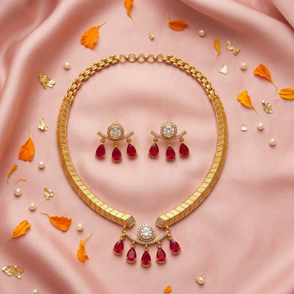 Clear and Red Cluster Drop Necklace Set - Tabletop