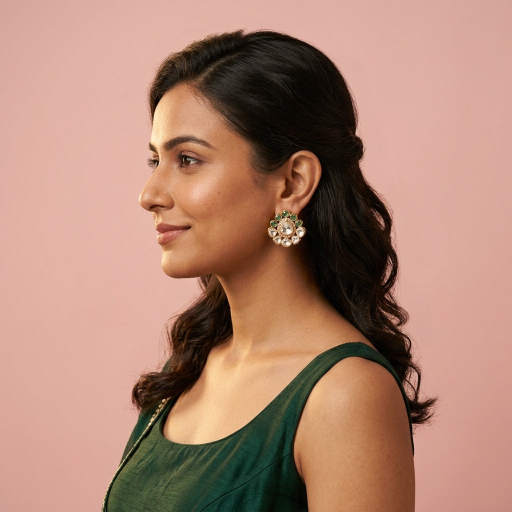 White and Green Petal Cluster Earrings - Model