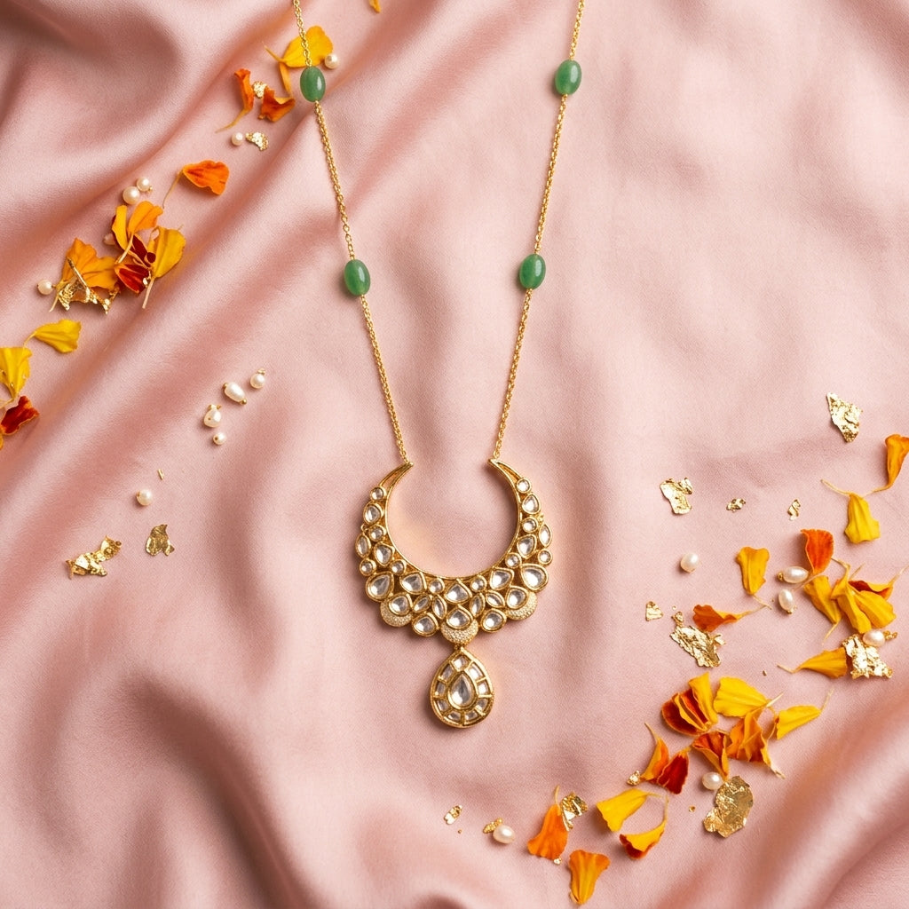 White and Green Heritage Kundan Necklace Set - Tabletop