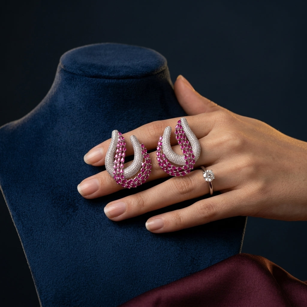 Ruby and Clear Curved Multi-Row Earrings - Mannequin