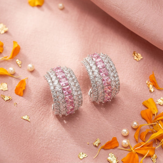 Pink and Clear Geometric Band Earrings - Tabletop