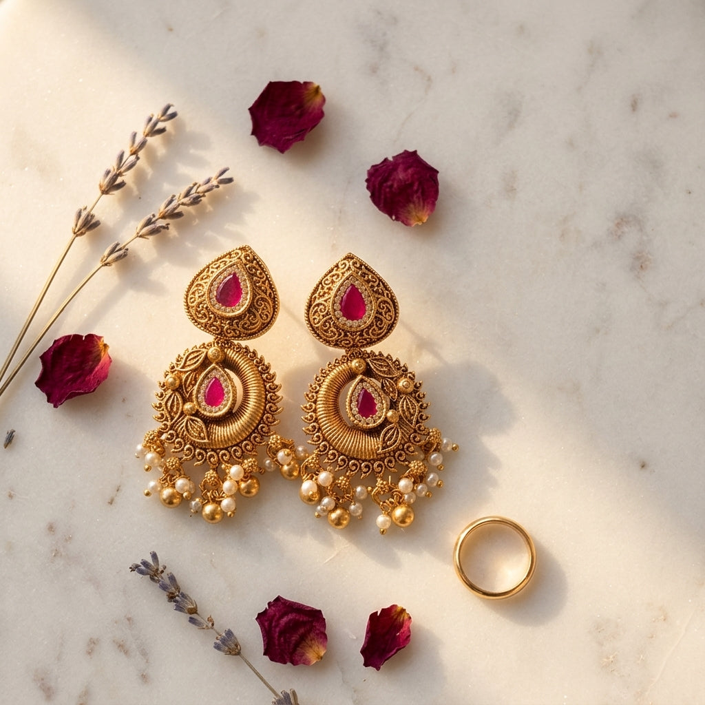 Ruby Scrollwork Tear-drop Earrings - Tabletop