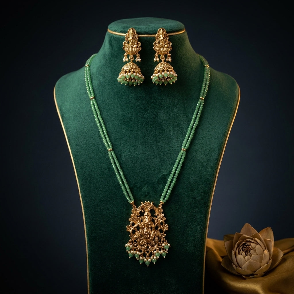 Green and White Temple Deity Necklace Set - Mannequin