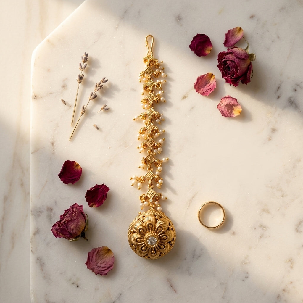 White and Clear Geometric Pearl Floral Maang Tikka - Tabletop