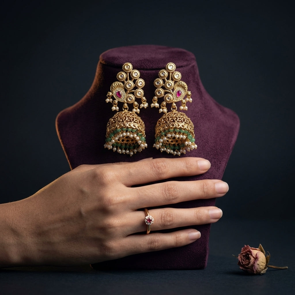 Multi Peacock Filigree Jhumka Earrings - Mannequin