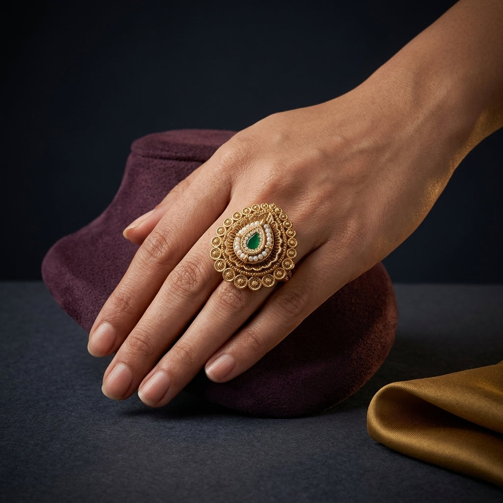 Green and White Teardrop Filigree Ring - Mannequin