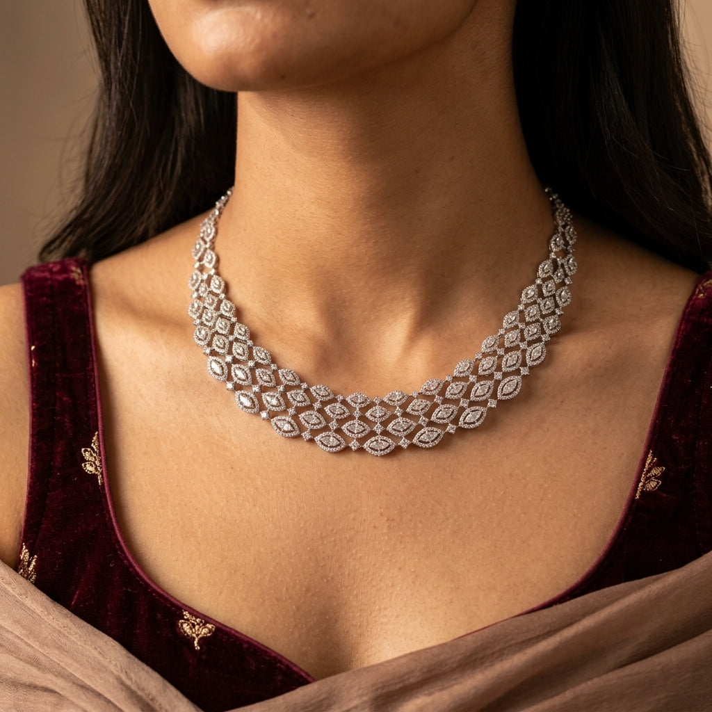 White Marquise Cluster Necklace Set - Model