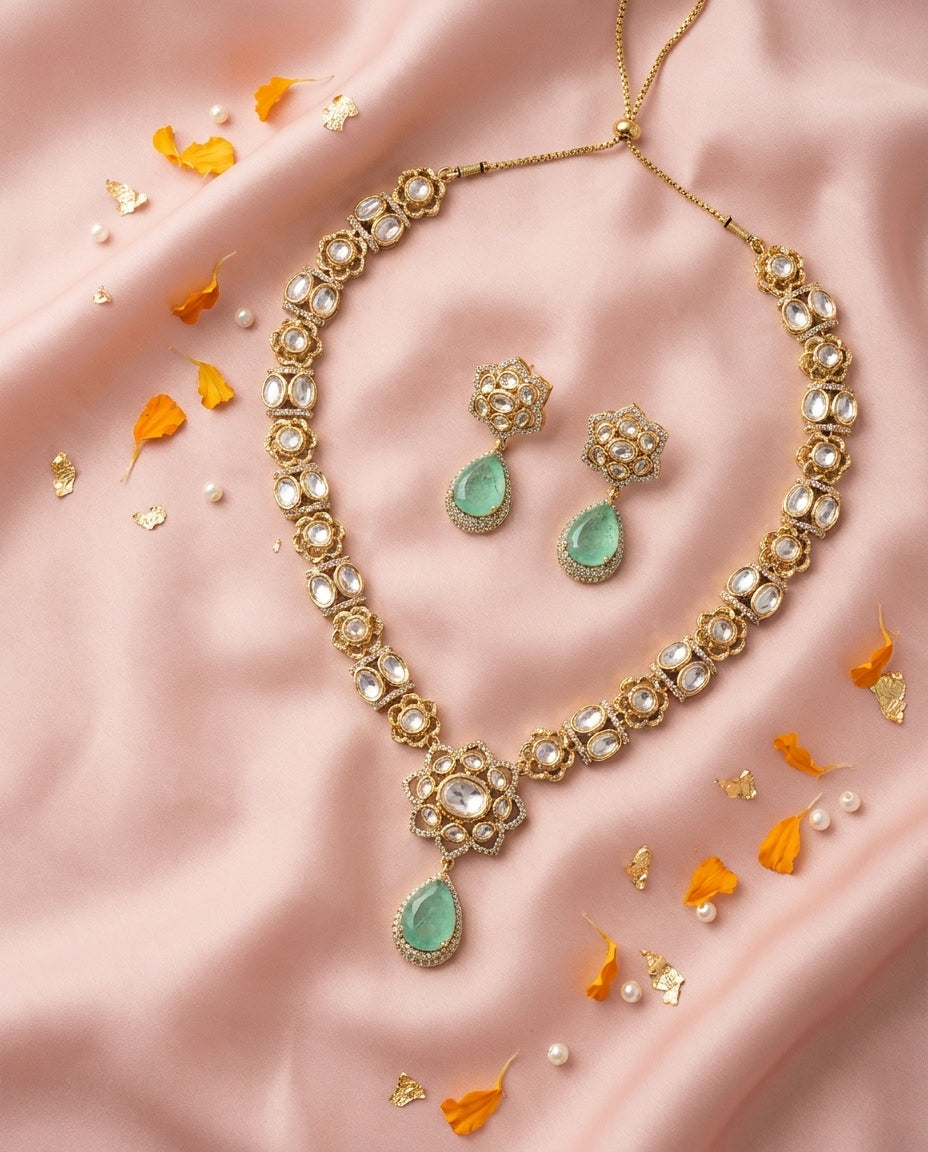 Green Floral Polki Necklace Set - Tabletop