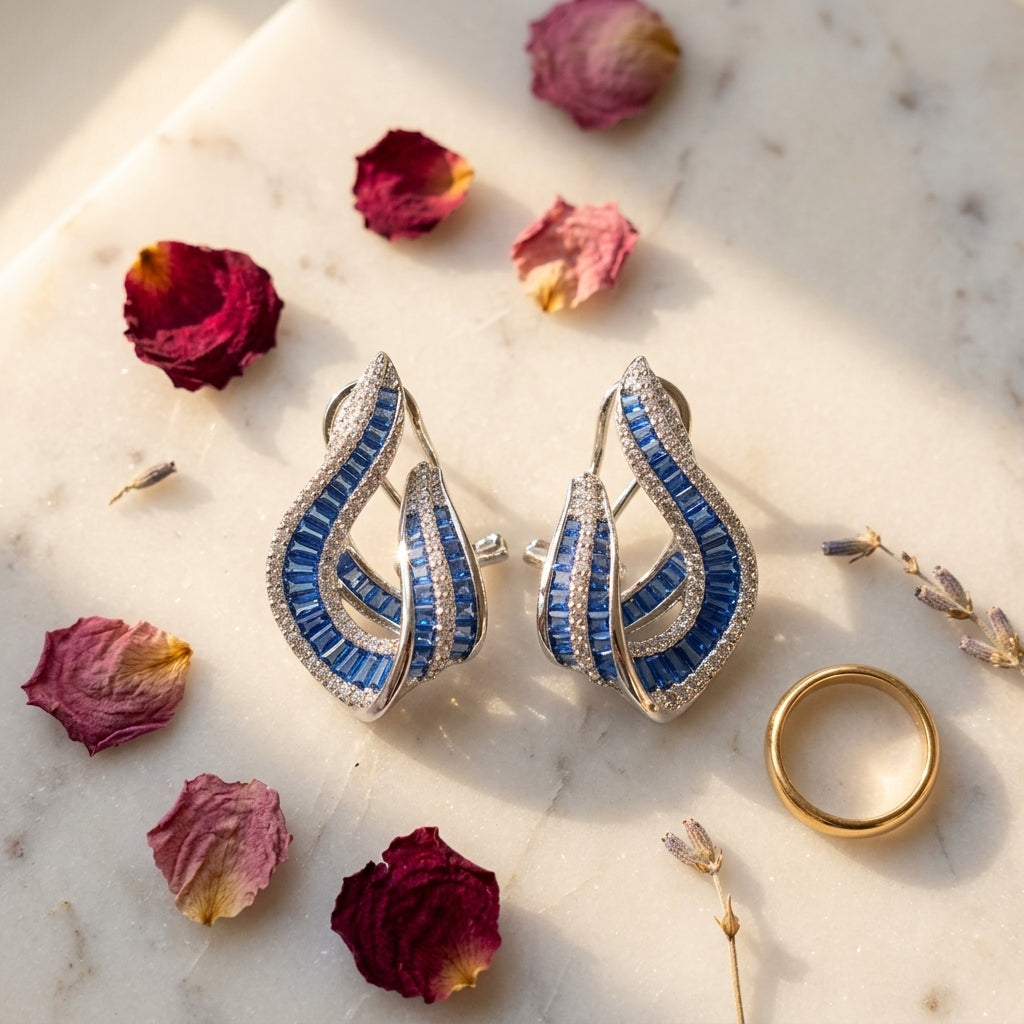 Blue Wavy Geometric Earrings - Tabletop