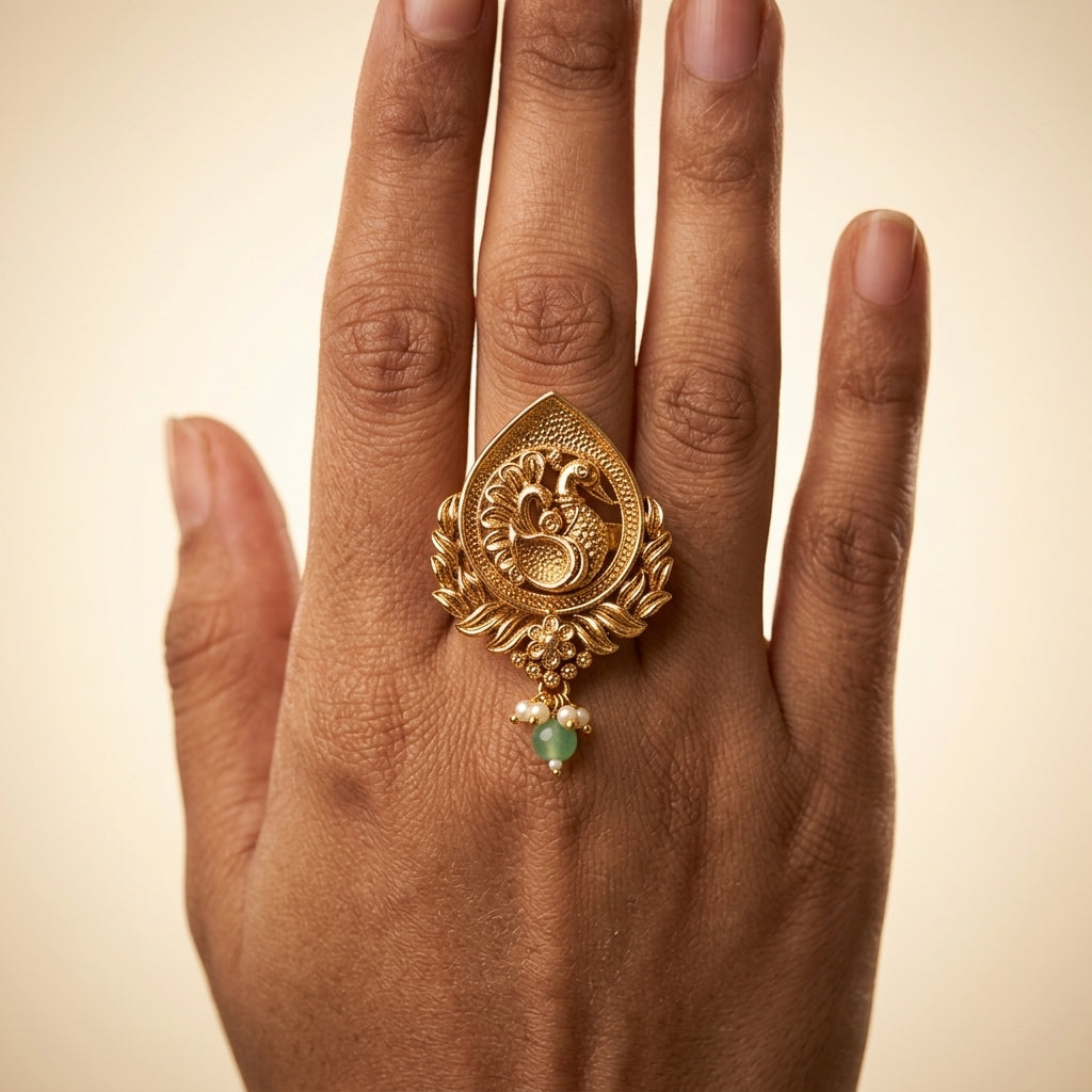 White and Light Green Peacock Floral Ring - Model