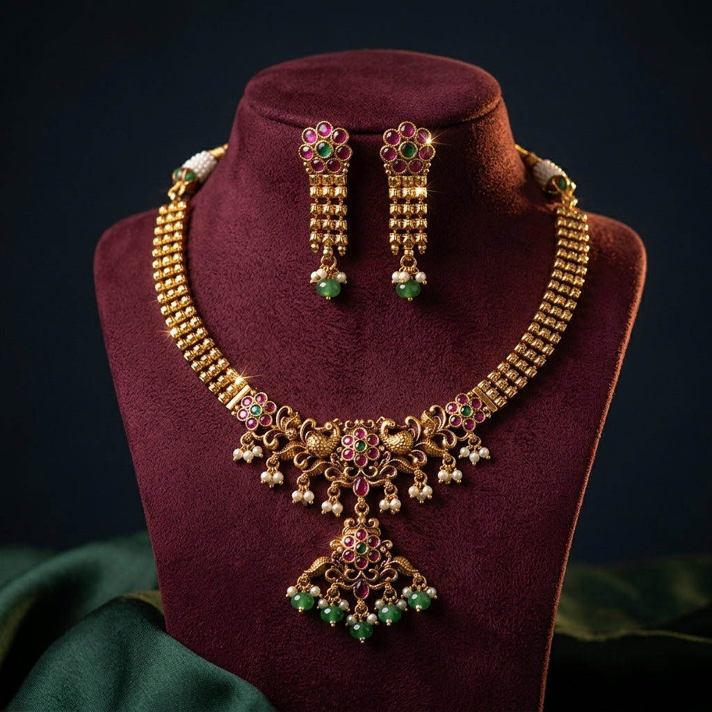 Multi Peacock Floral Necklace Set - Mannequin