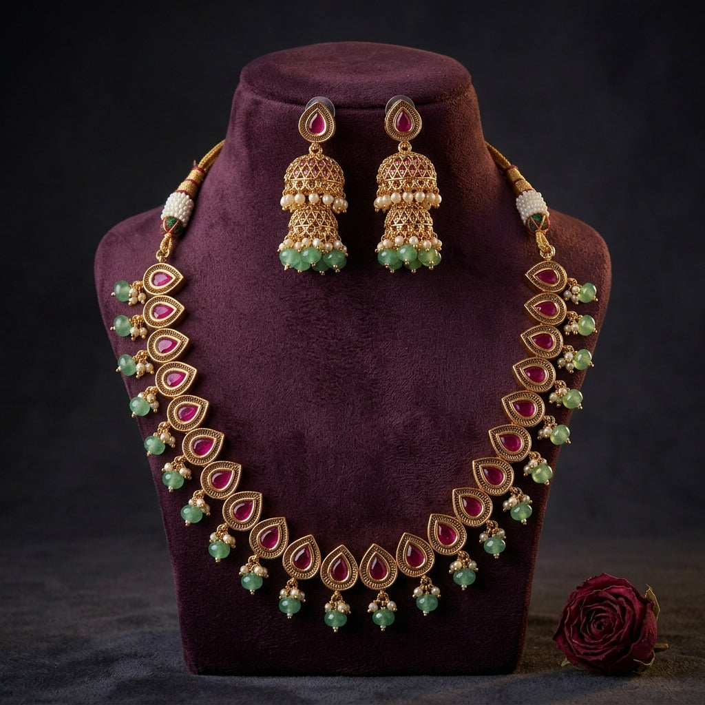 Ruby Teardrop Motif Necklace Set - Mannequin