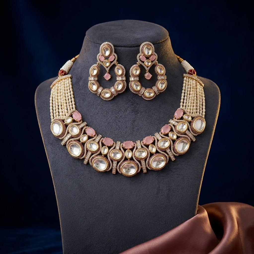 Pink Polki Cluster Necklace Set - Mannequin
