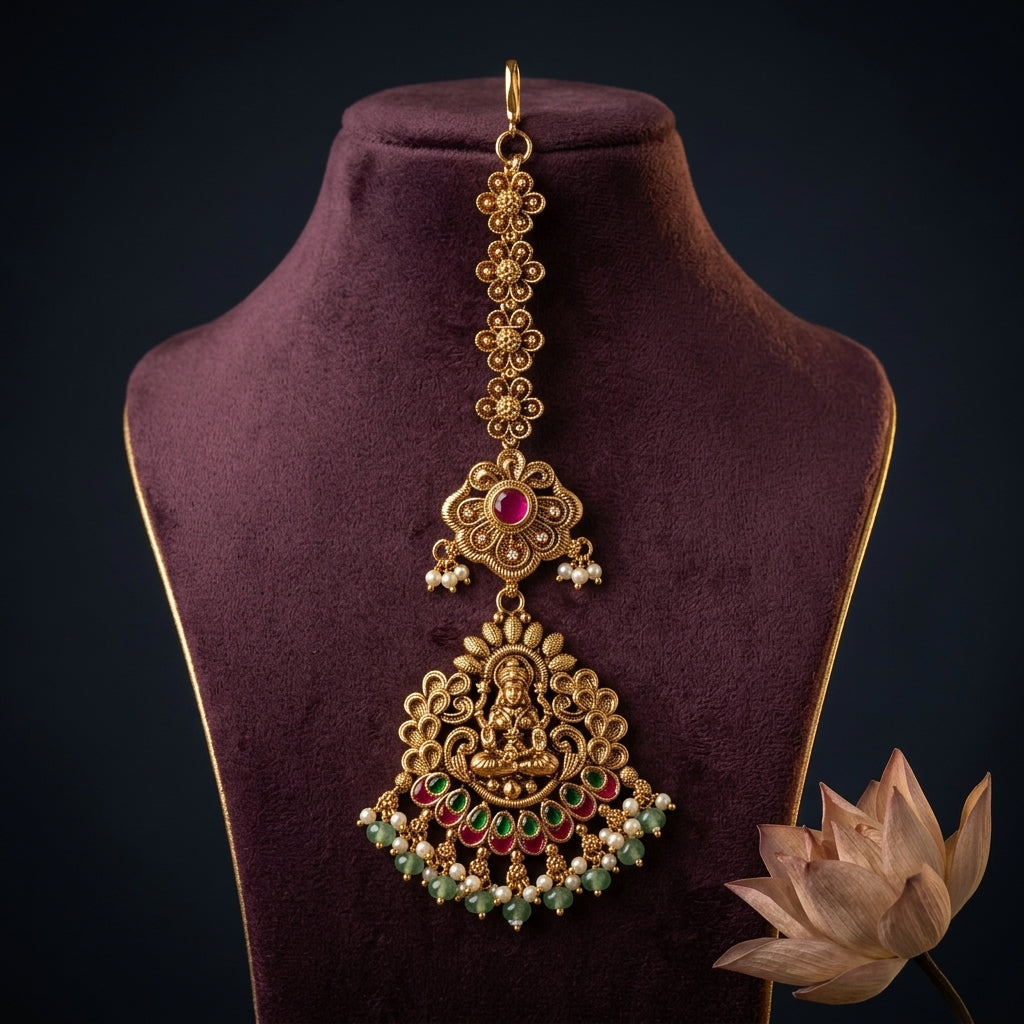 Ruby Green Temple Deity Floral Maang Tikka - Mannequin