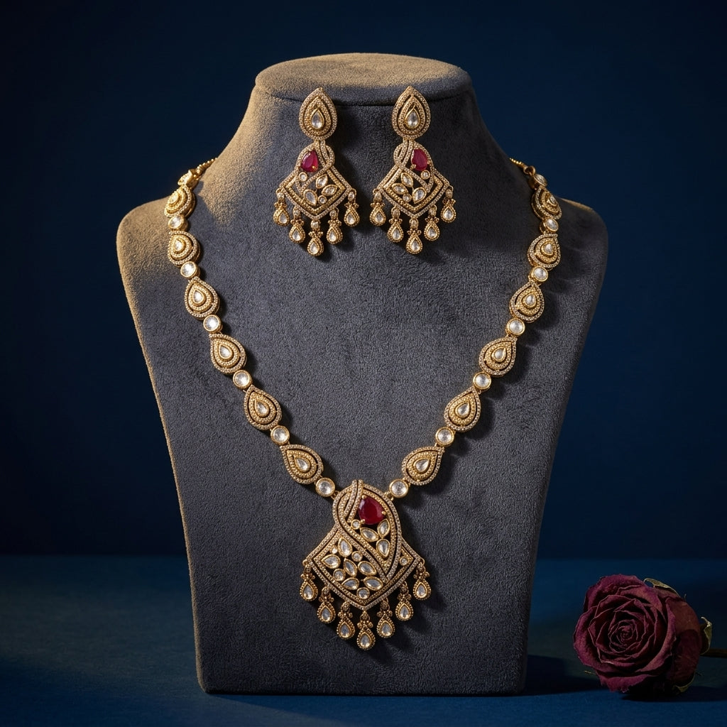 Red and White Ornate Teardrop Necklace Set - Mannequin