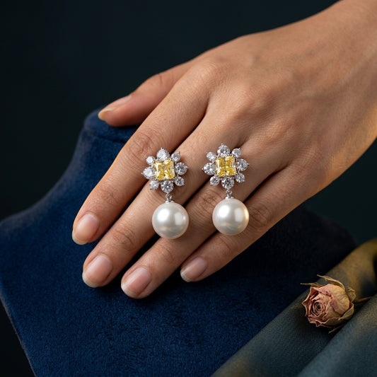 Yellow and White Floral Cluster Pearl Earrings - Mannequin