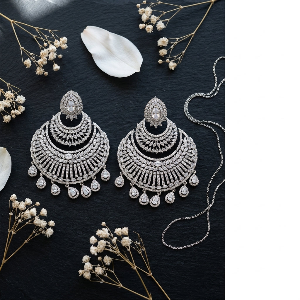Pearl White Mughal Jali Chandbali Earrings - Tabletop