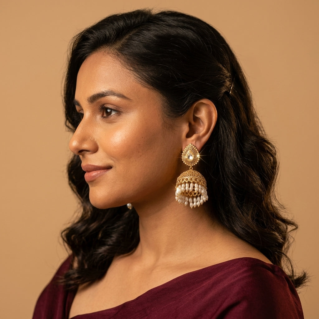 White Teardrop Filigree Jhumka Pair - Model