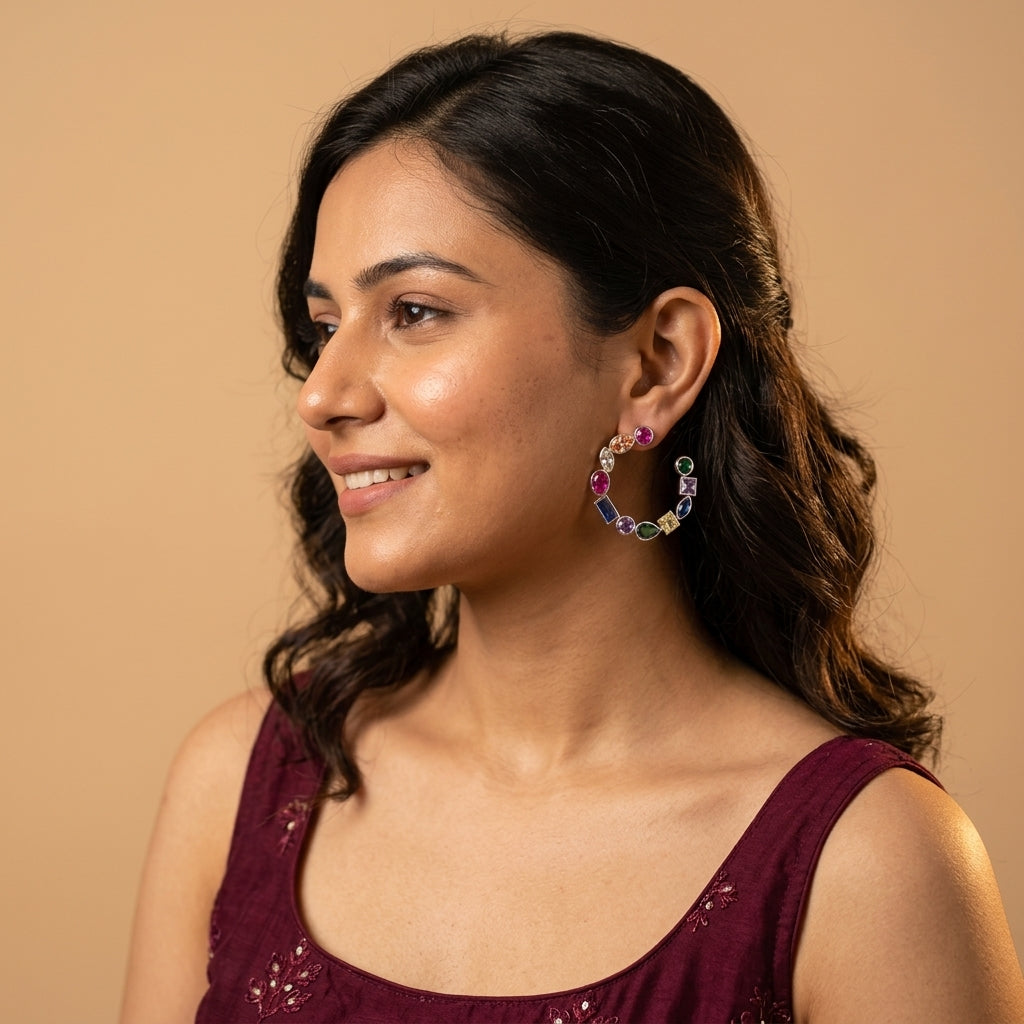 Multi Mixed Cut Geometric Half Hoop Earrings - Model