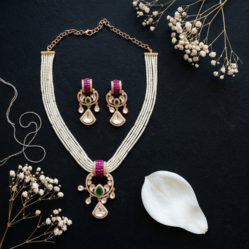Pearl White Heritage 7 Ruby Green stone Floral Necklace Set - Tabletop