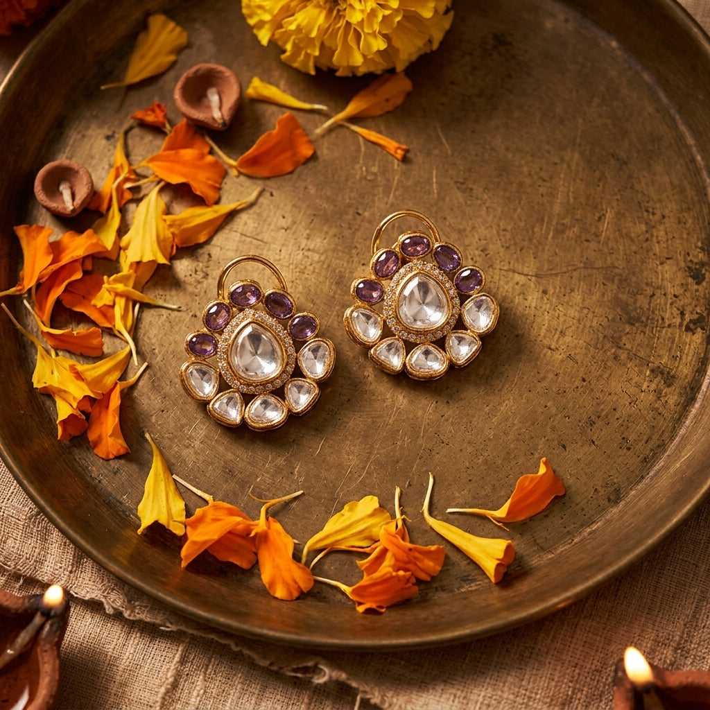 White and Purple Floral Cluster Earrings - Tabletop