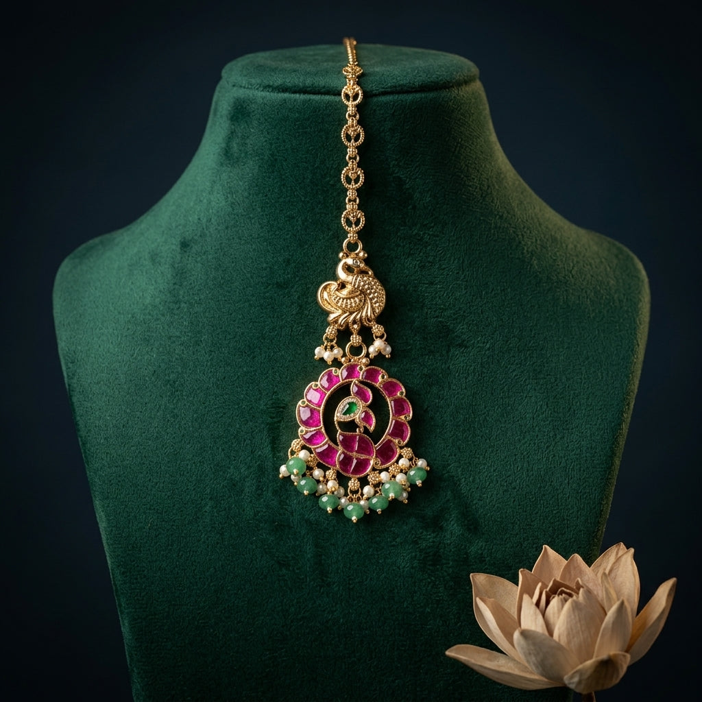 Ruby Green Peacock Floral Maang Tikka - Mannequin