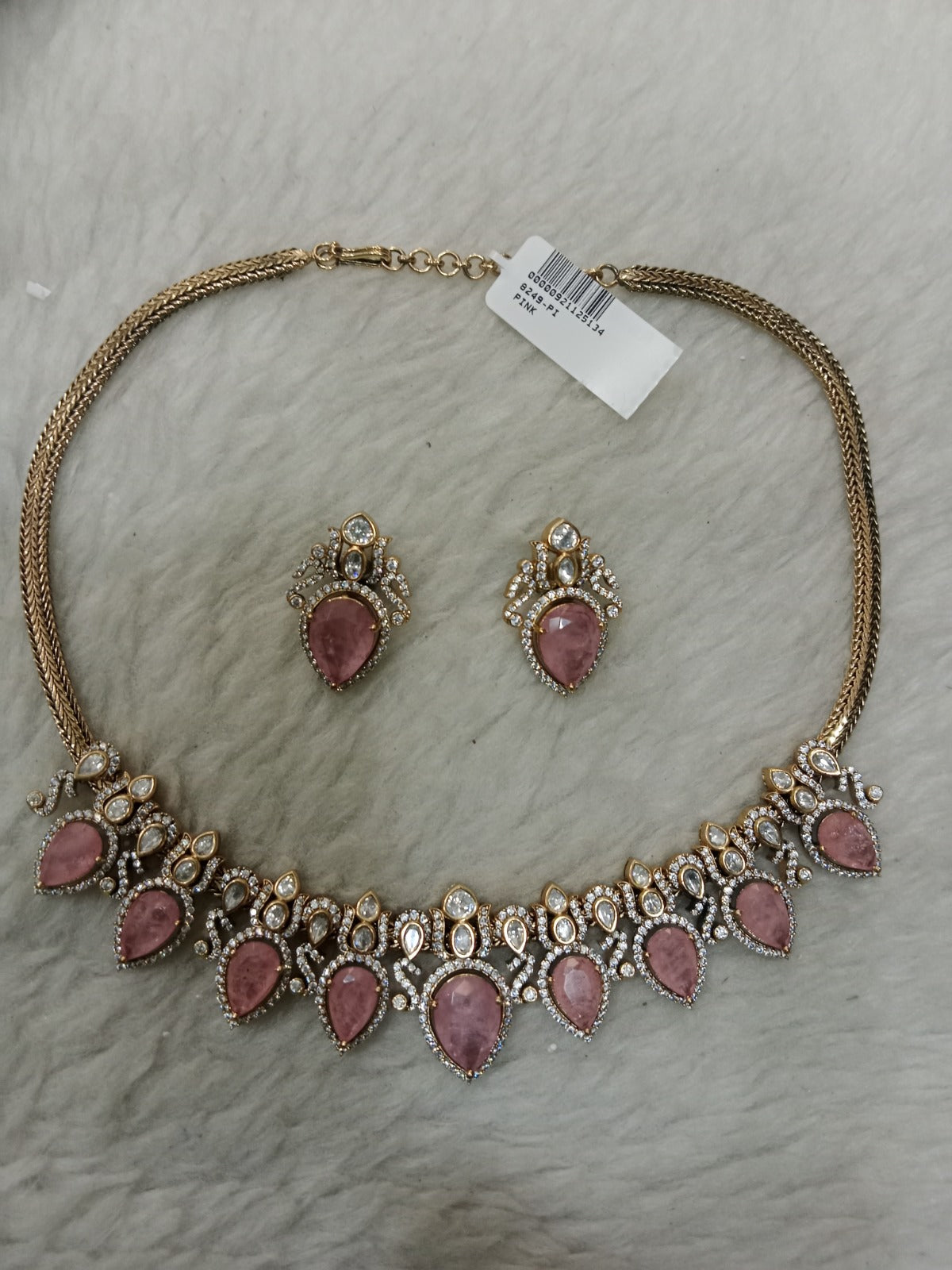 Pink and Clear Scalloped Teardrop Necklace Set - Mannequin