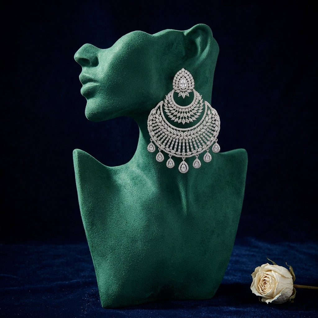Pearl White Mughal Jali Chandbali Earrings - Mannequin