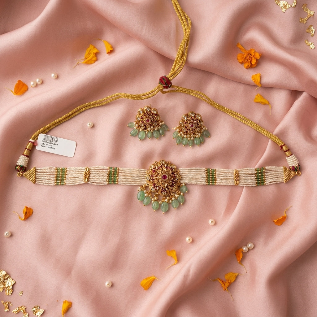 Ruby Green Floral Kundan Necklace Set - Tabletop