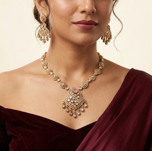 Pink and White Ornate Teardrop Cluster Necklace Set - Model