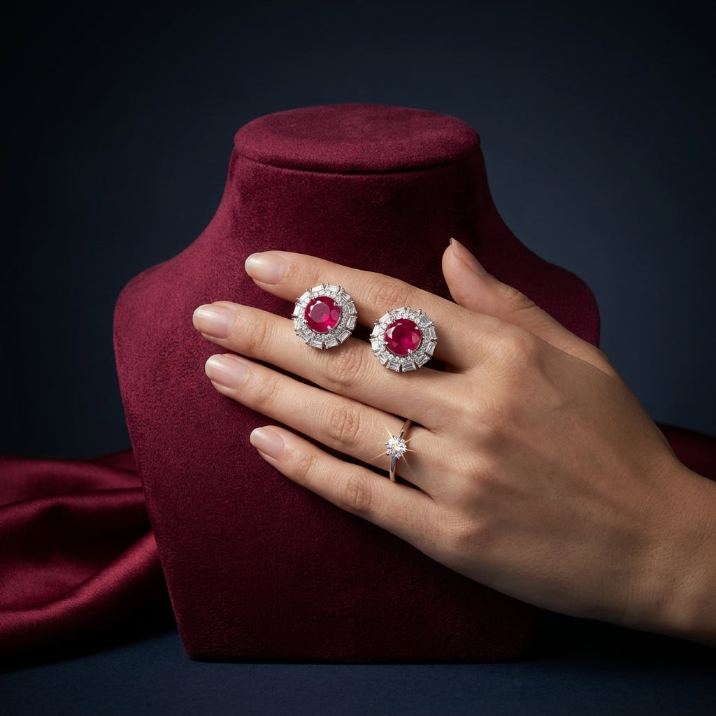 Ruby Red Floral Halo Earrings - Mannequin