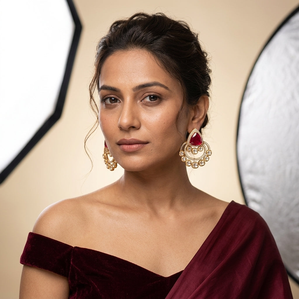 White Heritage Kundan Earrings - Model