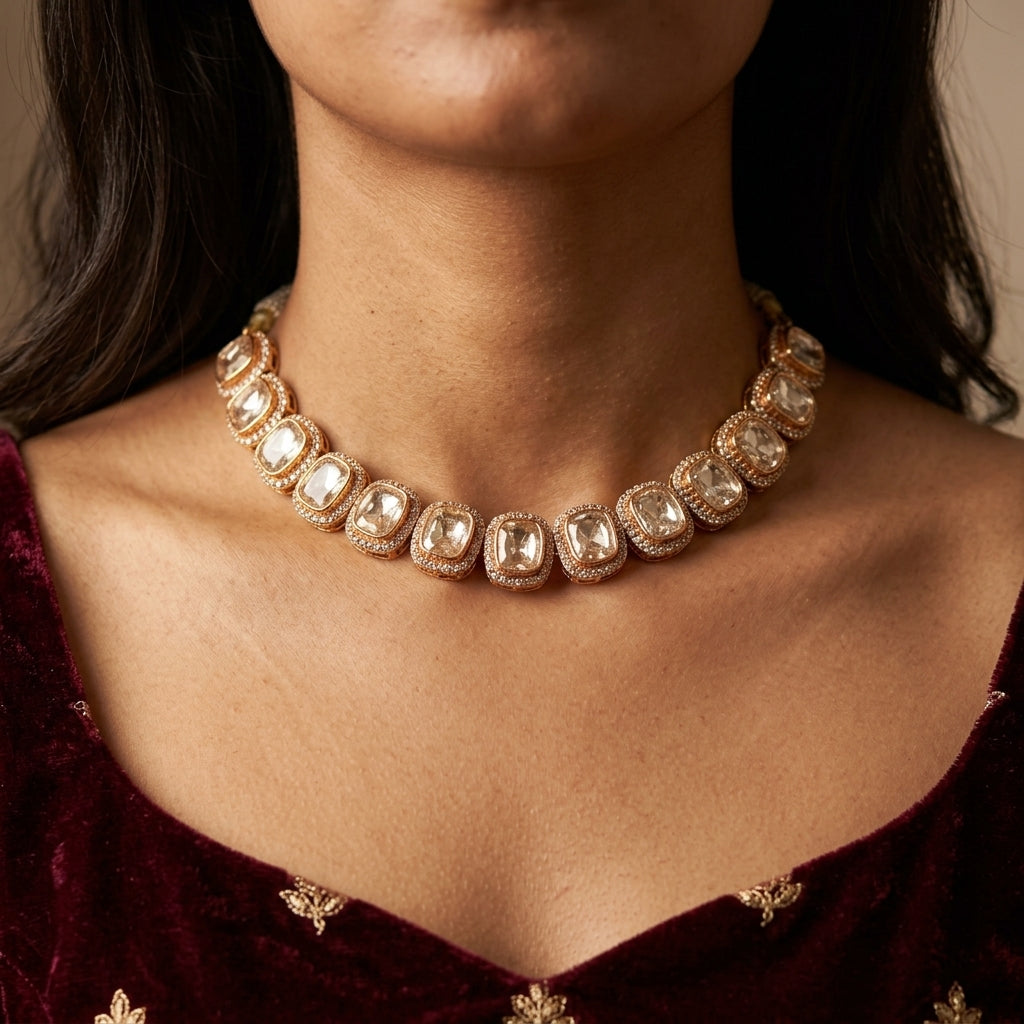 White Cushion Cluster Necklace Set - Model
