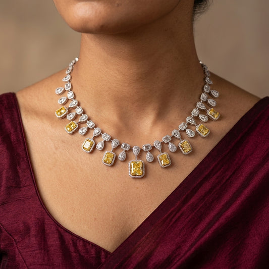 Yellow and Clear Geometric Cluster Drop Necklace Set - Model