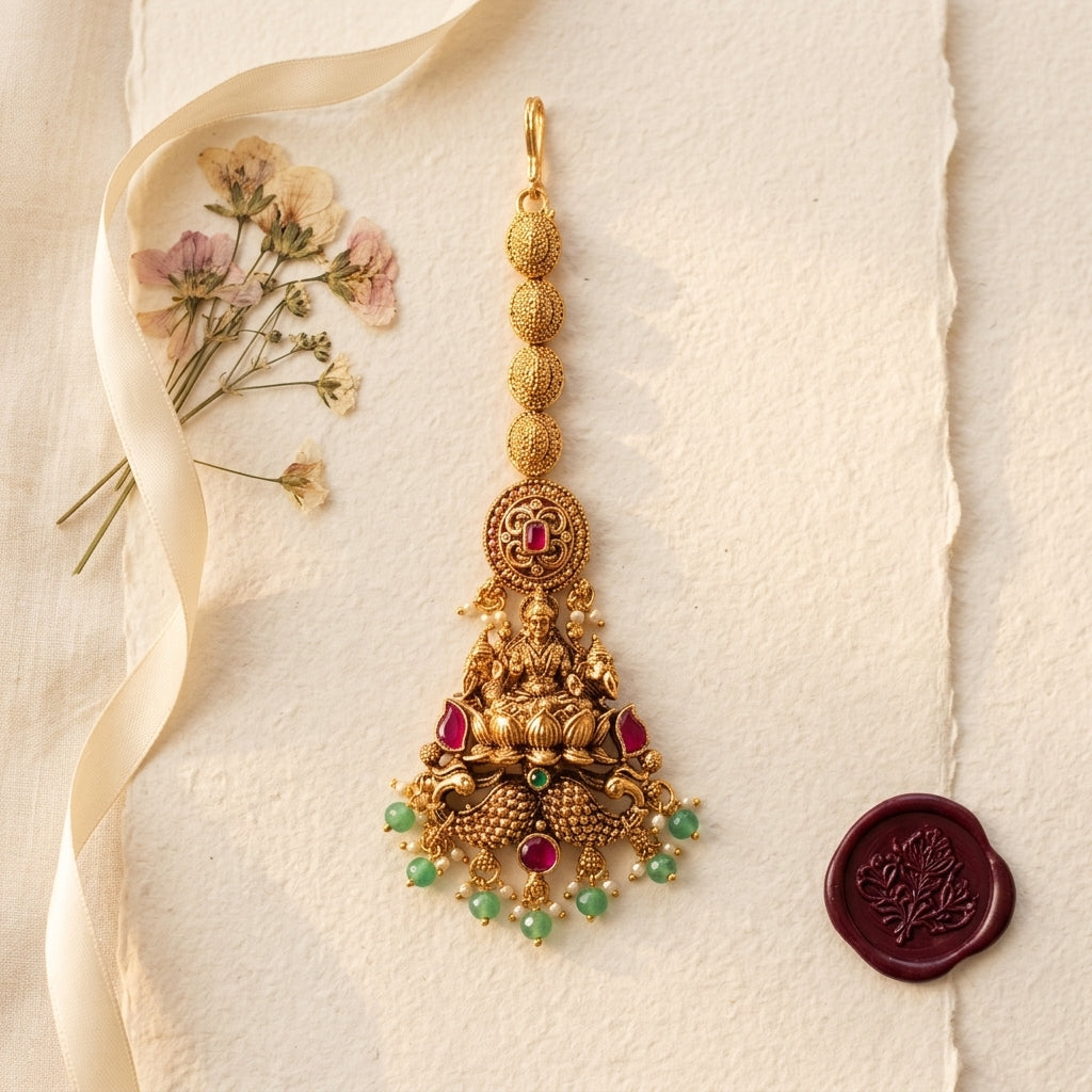 Ruby and Green Temple Peacock Maang Tikka - Tabletop