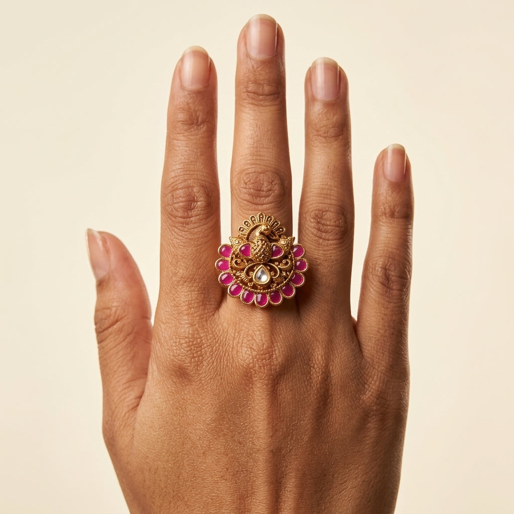 Ruby and Clear Peacock Floral Ring - Model