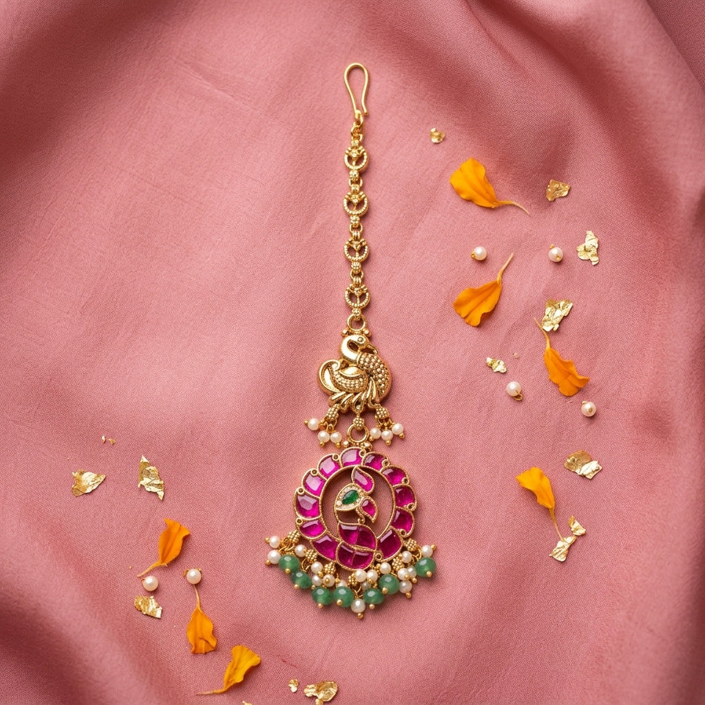 Ruby Green Peacock Floral Maang Tikka - Tabletop