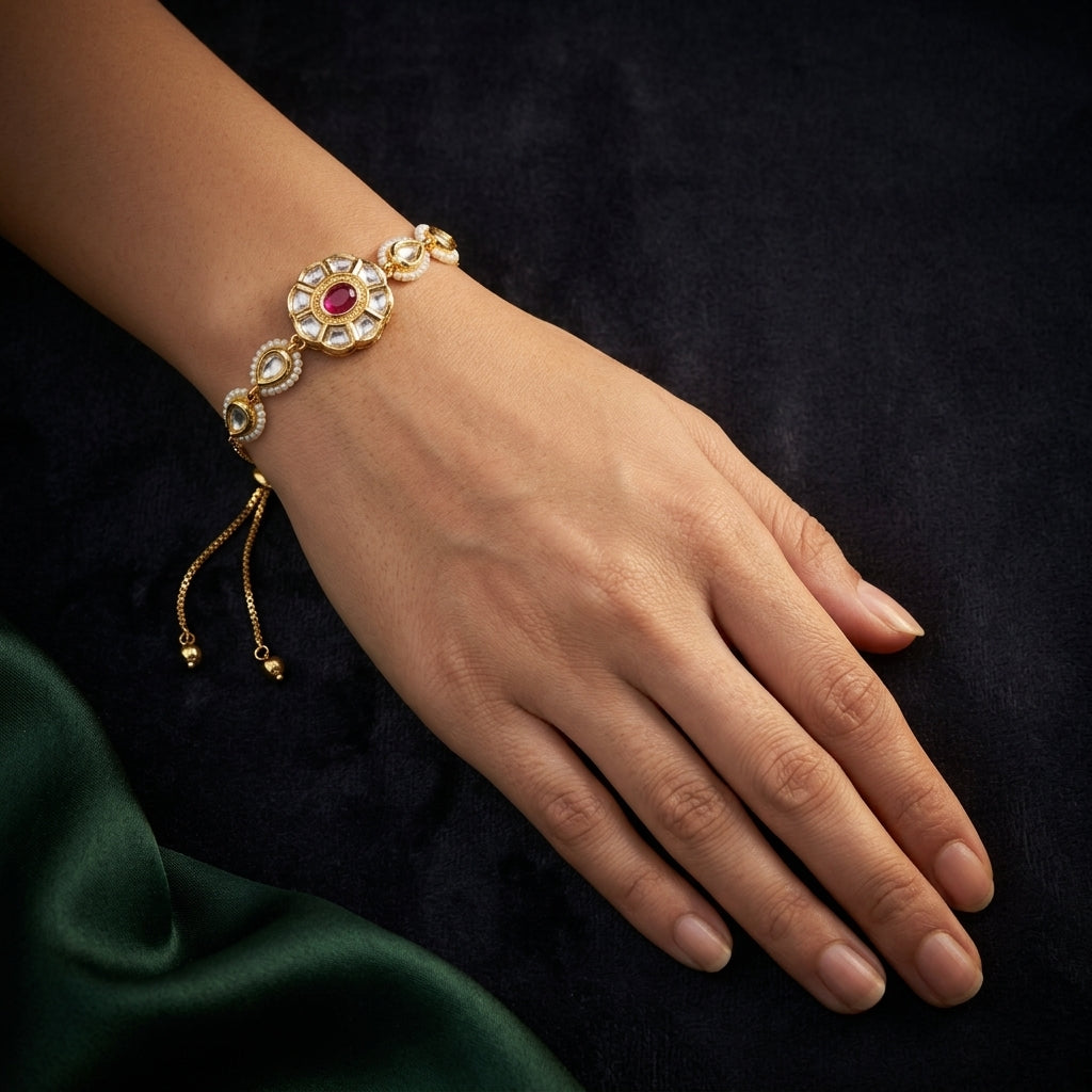 Red and White Ruby Kundan Teardrop Bracelet - Mannequin
