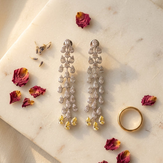 Yellow and Clear Cascading Baguette Cluster Earrings - Tabletop
