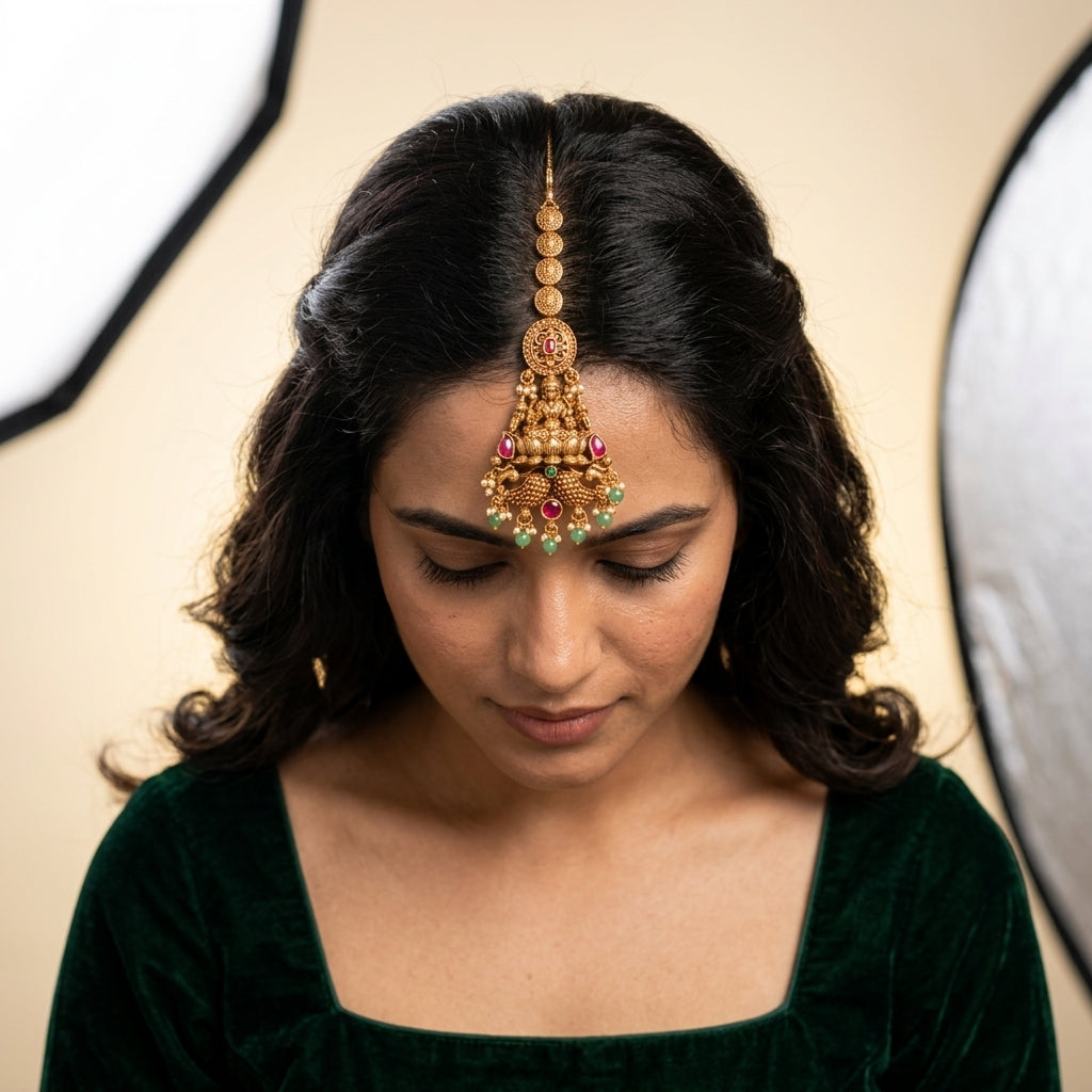 Ruby and Green Temple Peacock Maang Tikka - Model
