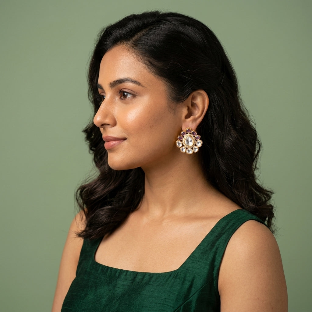 White and Purple Floral Cluster Earrings - Model