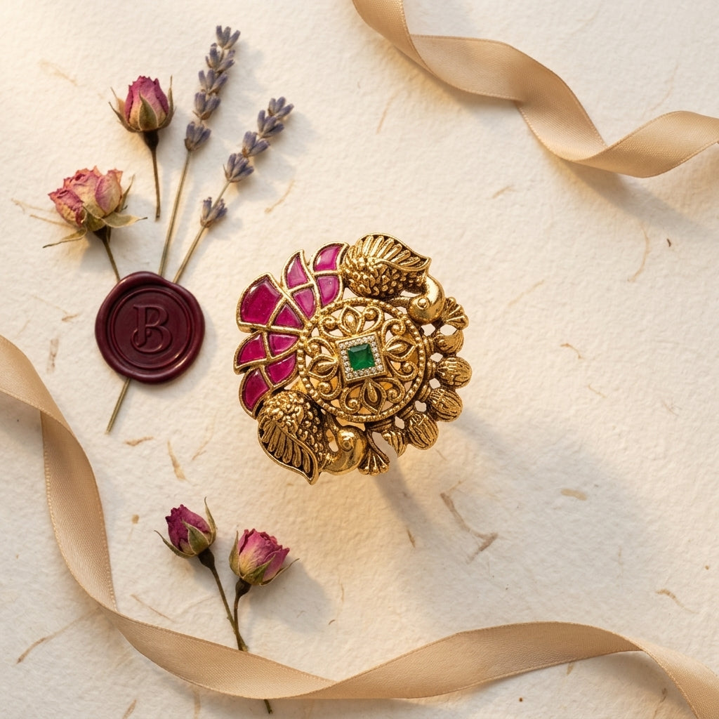 Ruby Green Peacock Floral Ring - Tabletop