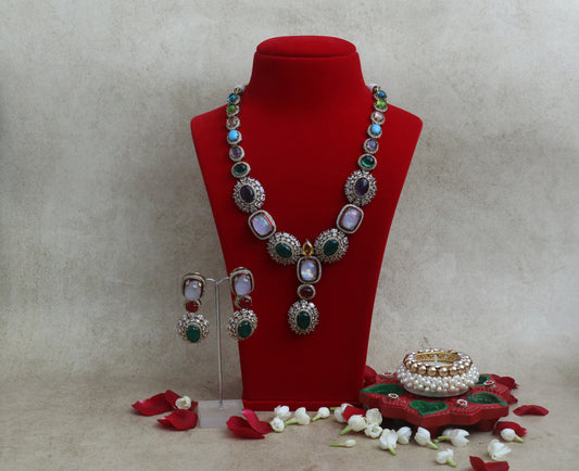 Multicolor Stone Studded Kundan Necklace Set with Matching Earrings