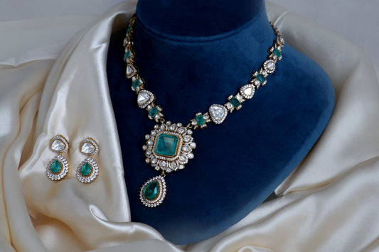 Emerald Green Kundan Necklace & Earrings Set | BeautiArt