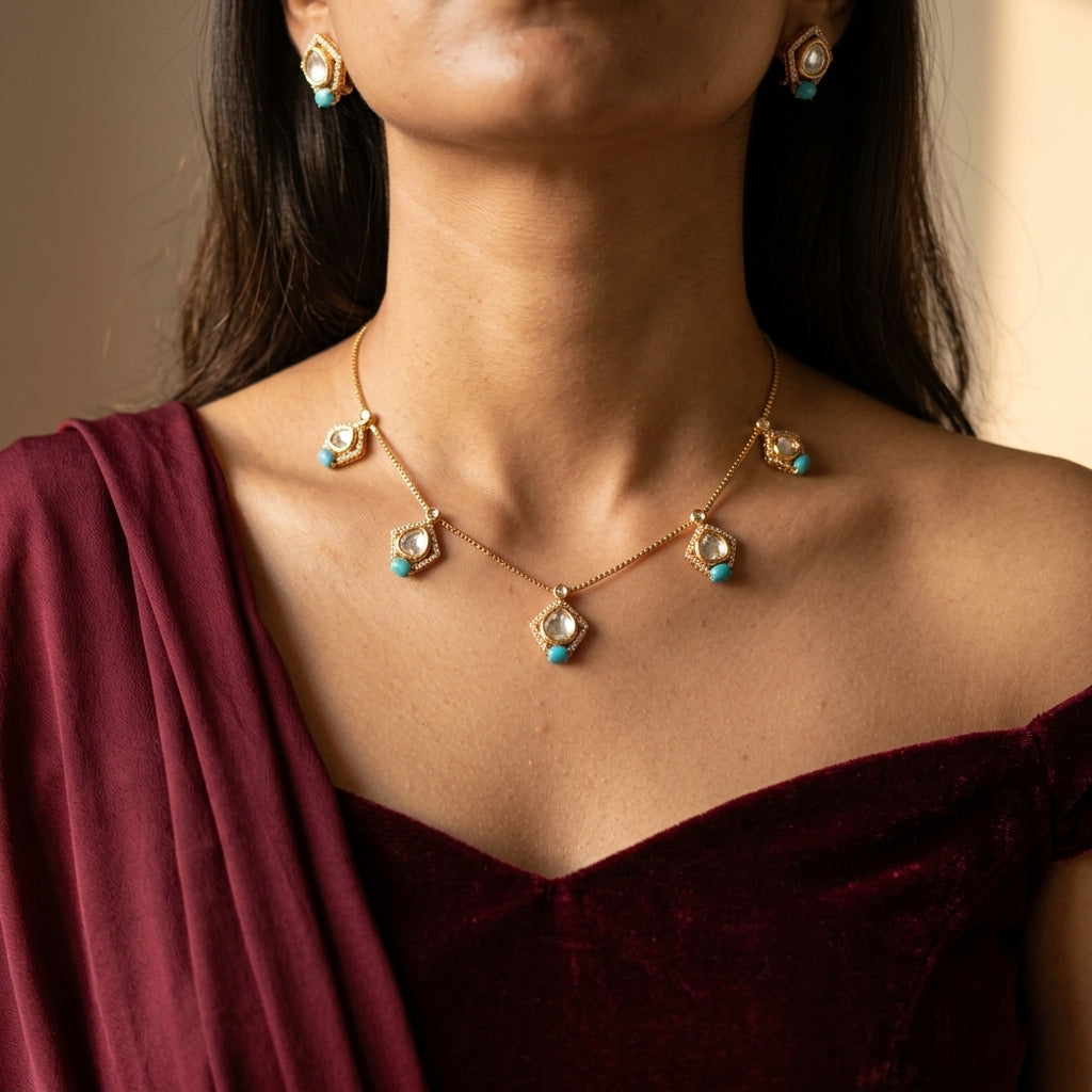 Clear and Turquoise Geometric Cluster Necklace Set - Model