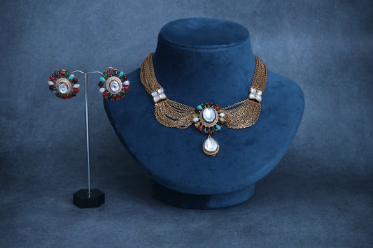 Navratan-Style Kundan & Gold Chain Choker Set